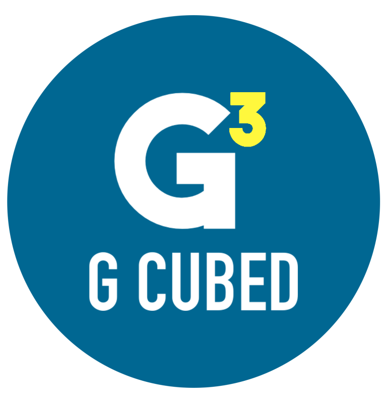 A blue circular logo with white and yellow text saying G G CUBED 3.