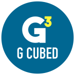 A blue circular logo with white and yellow text saying G G CUBED 3.